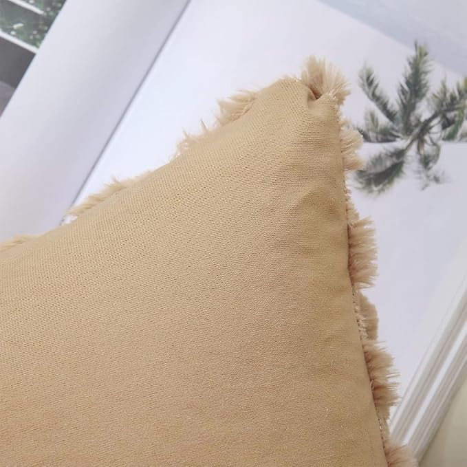 decorUhome Throw Pillow Covers 16x16 Inch Set of 2, Soft Plush Decorative Faux Fur Light Brown Solid Couch Pillow Covers, Accent Farmhouse Neutral Square Euro Pillow Cases for Sofa Bed Living Room