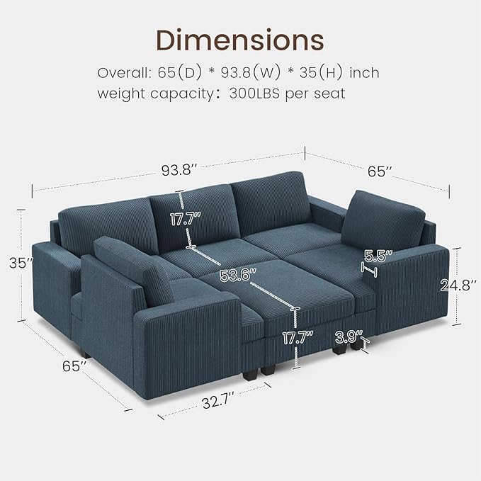 Nolany Modular Sectional Couch with Storage Ottoman, Corduroy Sleeper Sectional Sofa with Chaise, Sectional Couches for Living Room, Blue