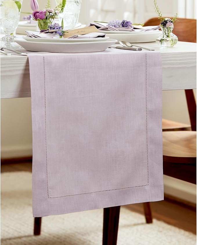 Solino Home Linen Lilac Table Runner 132 Inches Long - 100% Pure Linen Extra Long Table Runner 14 x 132 Inch - Classic Hemstitch