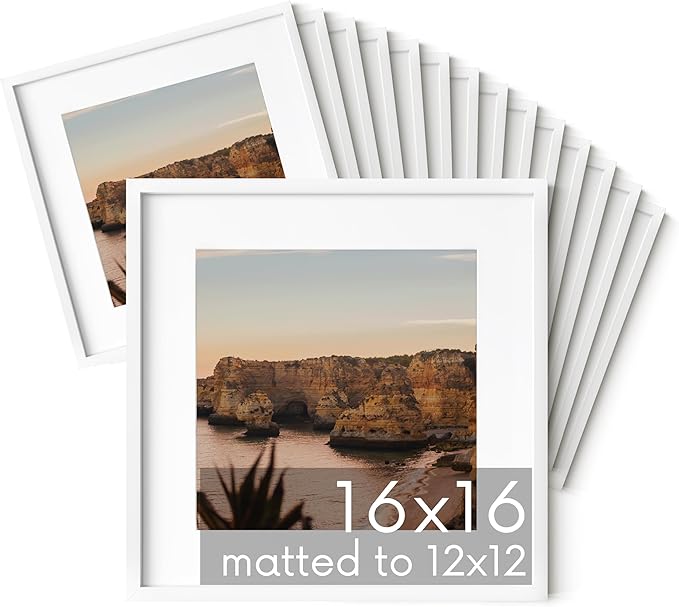 HAUS AND HUES 16x16 White Metal Picture Frames Matted to 12x12 - Features Premium Aluminum & Hanging Hardware, Shatterproof Plexiglass - Ideal for Home, Room, Office (16x16 in, White, Set of 15)
