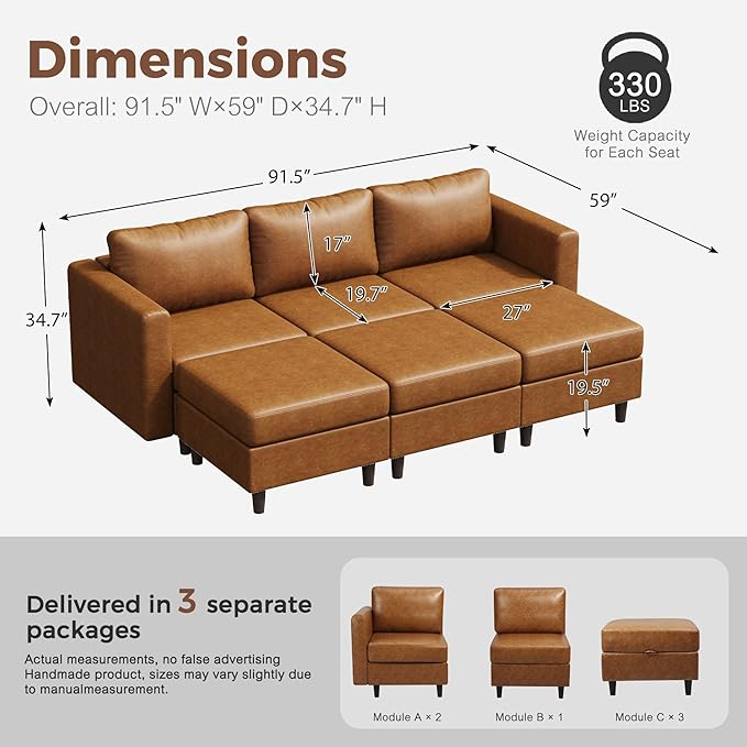 91.5" Luxury Modular Sleeper Sofa Bed with Storage Seat, 6 Seat Sectional Couch Deep Seat with Reversible Chaises & Removable Cover for Living Room - Faux Leather Brown