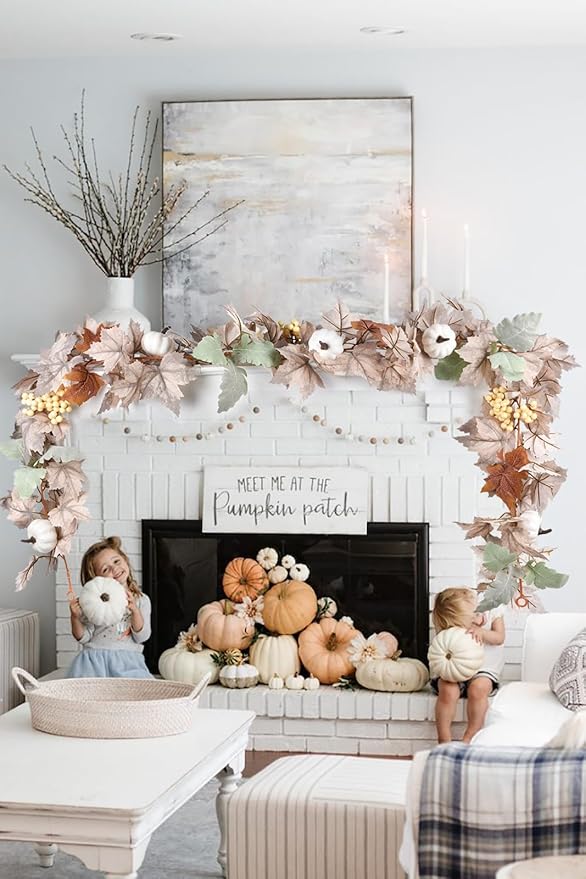 DearHouse Pumpkin Fall Maple Leaf Garland, 6Ft Hanging Vine White Maple Garland Artificial Autumn Foliage Thanksgiving Decor for Home Wedding Fireplace Party Christmas