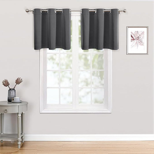 ChrisDowa Small Kitchen Valances for Windows - Grommet Short Thermal Insulated Room Darkening Window Valances Curtains for Living Room (2 Panels, Grey, 52 x 18 Inch)