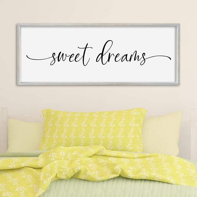 SRSZHIYUE Sweet Dreams Above Bed Wall Decor, 32"x12" Large Rustic Master Bedroom Over Bed Sign Guest Room Couples Wood Framed Farmhouse Horizontal Hanging Decoration (White)