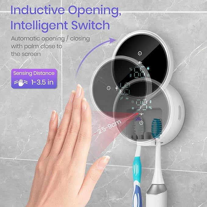 Toothbrush Holder and Cleaner for Bathroom,Minimalist Desktop and Wall Mounted Electric Toothbrush Razor Holder, Automatic Open Close Cover, Clean, Dry for Home Business Travel