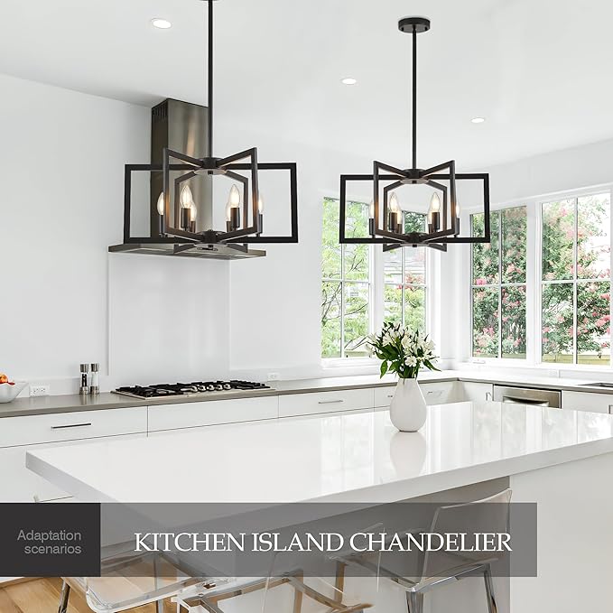Modern Farmhouse Black Chandeliers for Dining Room, 6-Light Industrial Metal Chandeliers Geometric Pendant Lights Kitchen Island for Entryway Stairway Foyer Hallway