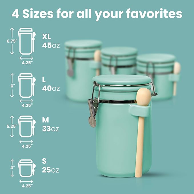 Home Intuition 4-Piece Ceramic Kitchen Canisters Set, Airtight Containers with Wooden Spoons Reusable Chalk Labels and Marker for Sugar, Coffee, Flour, Tea (Turquoise)