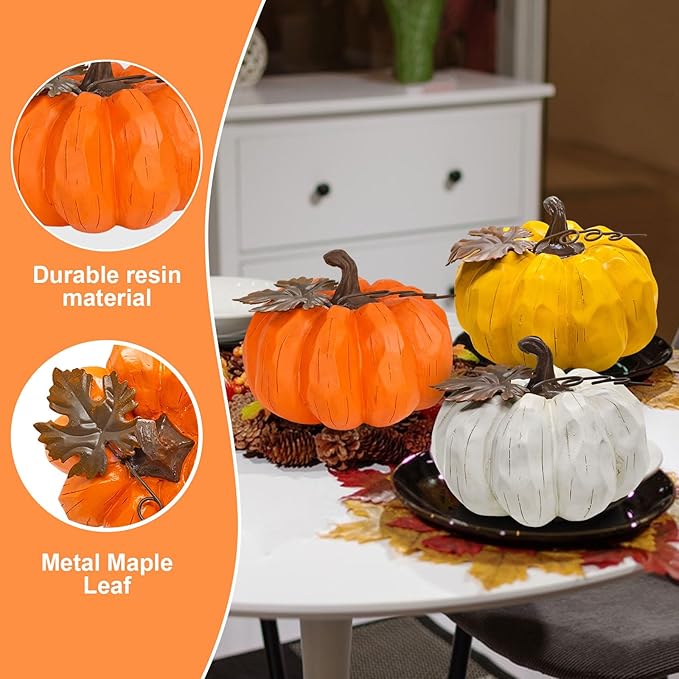 Large Pumpkin Decor Fall Decor, 3PCS Resin Pumpkins Thanksgiving Decorations with Metal Maple Leaf,5.9Inch Artificial Pumpkins for Home, Farmhouse, Mantel, Centerpiece Table Decorations