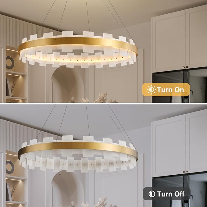 31.5" Natural Spanish Alabaster Round Chandelier, Adjustable Large Chandeliers for Living Room Over Table, Modern Luxury Alabaster Stone Chandelier for Drawing Room, Bedroom, Hallway, Foyer