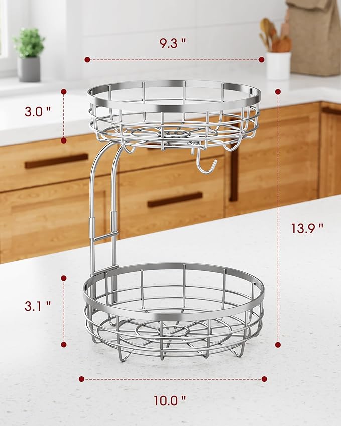 Fruit Basket for Kitchen Counter - 2-Tier Large Capacity Fruit Bowl with Detachable Banana Hanger, Rust-Proof Metal Fruit Holder for Vegetables, Bread, Toiletry,10" D x 10" W x 14" H, Silver.