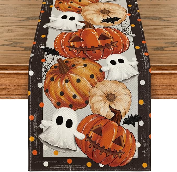 Artoid Mode Jack-O'-Lantern Pumpkin Ghost Spider Web Halloween Table Runner,Holiday Kitchen Dining Table Decoration for Home Party Decor 13 x 60 Inch