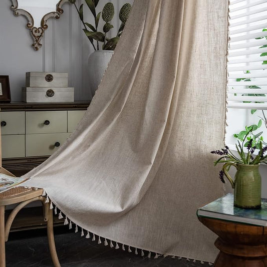 Sutuo Home Boho Curtain 63 Inches Long for Bedroom, Natural Linen Look Textured Burlap Rod Pocket Chic Semi Blackout Bohemian Handmade Tassels Window Treatment for Living Room, 1 Panel 59" W x 63" L