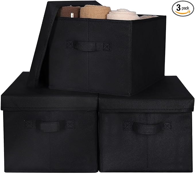 WUIKE 3 Pack Large Fabric Storage Bins with Lids, Decorative Storage Boxes with Handles, Storage Baskets for Shelves, Foldable Storage Containers, Closet Organizers for Towels, Clothes, Black