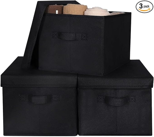WUIKE 3 Pack Large Fabric Storage Bins with Lids, Decorative Storage Boxes with Handles, Storage Baskets for Shelves, Foldable Storage Containers, Closet Organizers for Towels, Clothes, Black