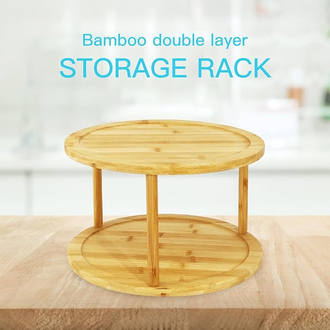 Wood Lazy Susan Organizer Bamboo 2-Tier Rotating Storage Rack – 360° Turntable Organizer for Kitchen, Spices, Cosmetics
