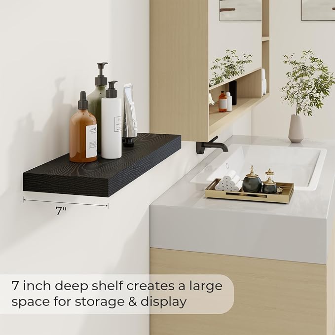 24 inch Floating Shelves Long Floating Shelves for Wall Large Wall Mounted Shelves with Invisible Brackets, Black Shelves for Bathroom, Living Room, Kitchen, Office, 24x6.7 inch deep Set of 2