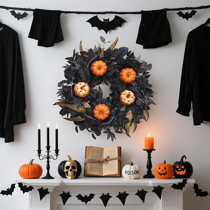 GarveeHome Halloween Wreath for Front Door, 18 Inch Fall Wreath with Pumpkins and Maple Leaves for Indoor Outdoor Wall Window Porch Patio Garden Farmhouse Home Party Prom Decoration