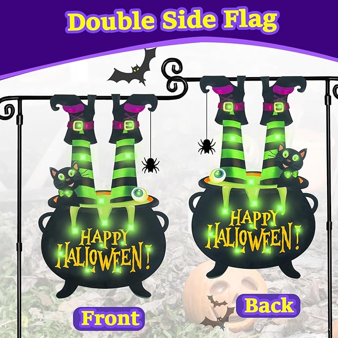 Halloween Lighted Garden Flag for Outside, Witch Feet Shape Flag Yard Decor, 8 Modes 12x18 Double Sided Cauldron Eyeball Black Cat Outdoor Hlloween Decorations for Home Porch