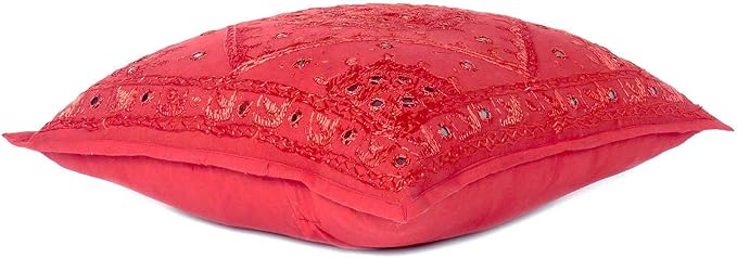 Eyes of India Embroidered Decorative Boho Throw Pillow Cover with Mirrors, Handmade Bohemian Accent Cushion Case for Sofa Couch Bedroom Living Room (Red, 24" x 24")