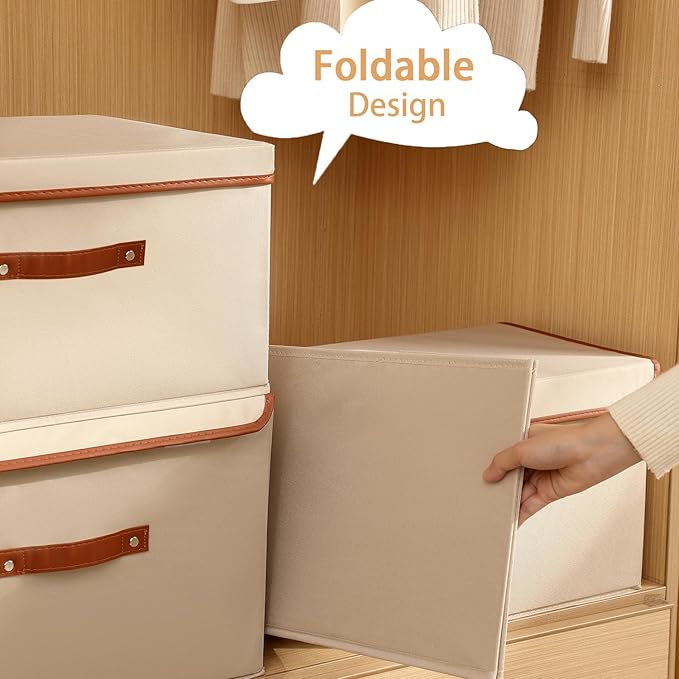 Tuza 4 Pack Large Fabric Storage Bins with Lids, Foldable Storage Boxes with Lids for Organizing, Decorative Storage Boxes with Handles for Home, Bedroom, Closet, Office(Khaki, Medium)