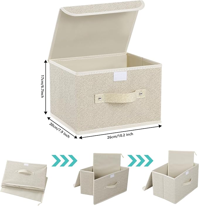 Storage Boxes, Collapsible Storage Bins with Lids, Cotton and linen cloth Storage Baskets with Handle, for Books, Closet, Bedroom, Home, 10.2x7.9x6.7 in, Grey and Beige