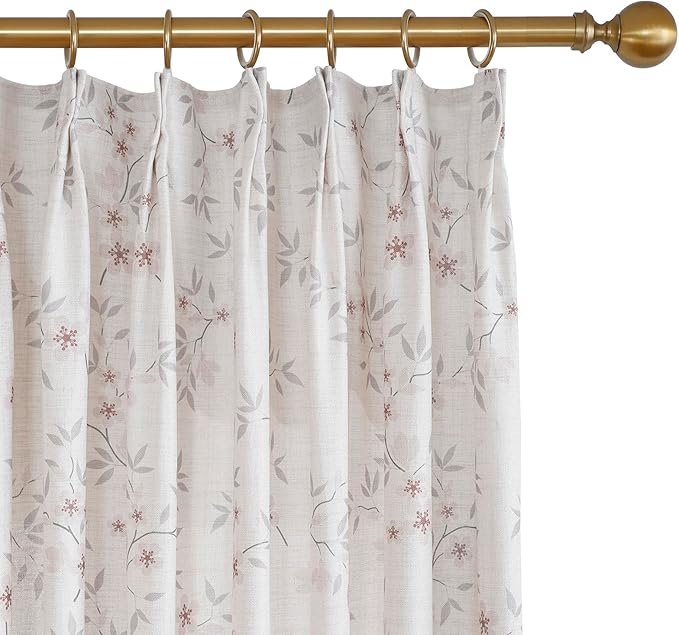 Pink Floral Pinch Pleated Linen Curtains - 2 Panels of Privacy Light-Filtering Printed Curtains Suitable for Dining Rooms and Farmhouses.52 Inches Wide by 96 Inches Long