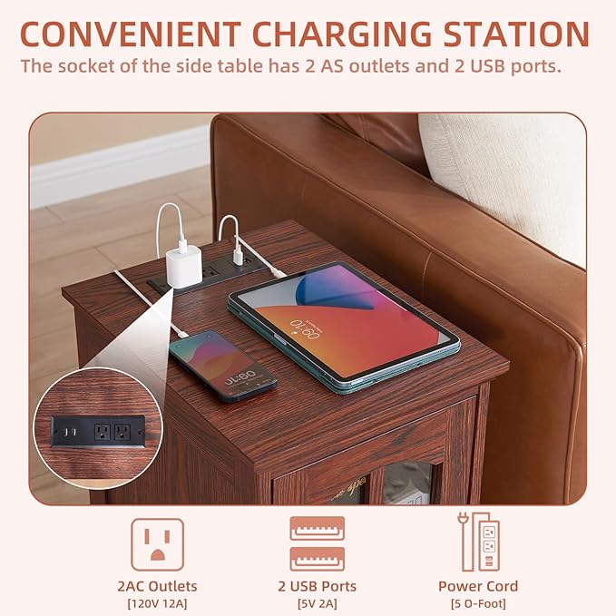 Narrow Side Table Set of 2,Farmhouse Nightstand with Charging Station,End Table with Glass Barn Door Storage, Cabinet Organizer with Adjustable Shelf, Night Stand for Small Spaces Living Room Bedroom