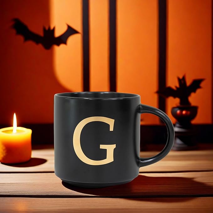 COLLECTIVE HOME - Monogram Ceramic Mugs, 15 oz Golden Initial Black Coffee Cups, Elegant Alphabet Tea Mugs, Elegant Personalized Mug with Gift Box, Unique Mug with Double Side Capital Lette (G)