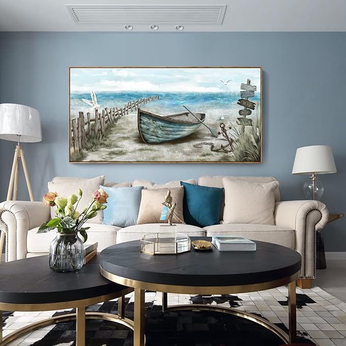 Extra Large Framed Wall Art for Living Room Coastal Décor Rustic Rowboat Canvas Print Big Beach Themed Painting Seagull Vintage Boat Sea Bird Artwork Oversized Blue Teal Seaside Ocean Picture for