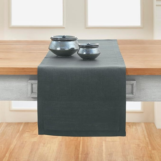 Solino Home Linen Table Runner 108 Inches Long - 100% Pure Linen Dark Grey Dining Table Runner 14 x 108 Inch for Fall, Autumn, Halloween, Thanksgiving - Fete