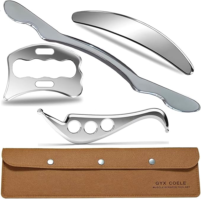 Professional Muscle Scraper Tool Set, Stainless Steel IASTM Tools with Case, 4-Piece Scraping Tool Physical Therapy Massage Set