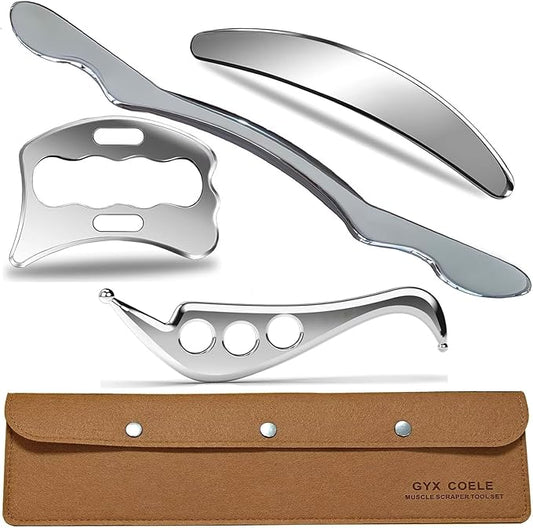 Professional Muscle Scraper Tool Set, Stainless Steel IASTM Tools with Case, 4-Piece Scraping Tool Physical Therapy Massage Set