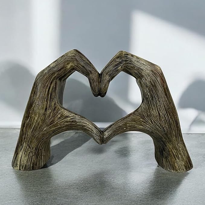 Top Brass Large Rustic Heart Hands Sculpture, 9 3/4” Resin Love Statue – Romantic Decor Accent for Shelf or Mantel – Perfect for Wedding, Valentine's Day or Anniversary (Rustic Wood Grain)