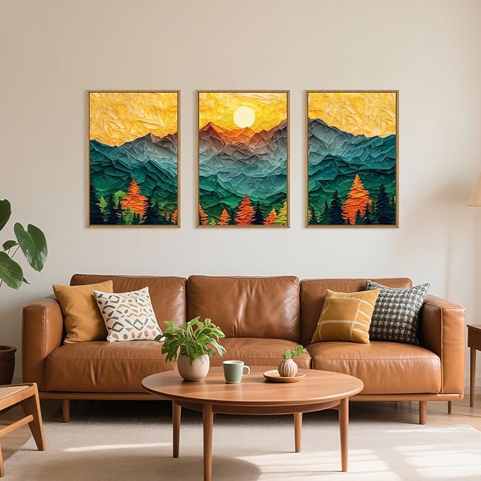 Abstract Mountain Framed Canvas Wall Art Set, Forest Pine Tree Golden Sunset Wall Decor, Mixed Patchwork Landscape Art Print for Living Room, Bedroom, Dining Room, Office - 16"x24"x3