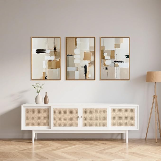 Celestdeco Large Abstract Beige Framed Canvas Wall Art Set, Neutral Textures Wall Decor, Warm Minimalist Shapes Wall Painting, Modern Neutral Art Prints for Living Room, Bedroom, Office - 24"X36"X3