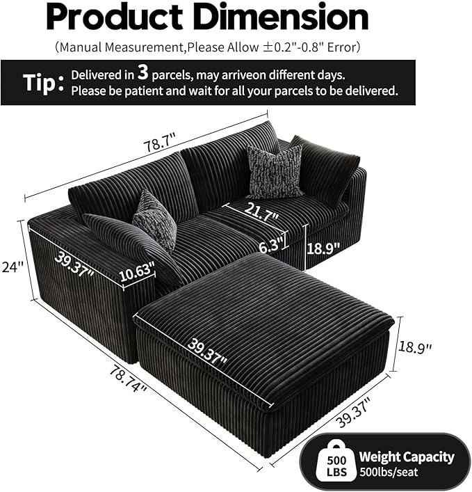 LoveSeat Cloud Couch Modular Sectional Sofa for Living Room,Modern Sofa with Deep Seat，2 Seater Boneless Couch with Ottoman,Comfy Upholstered Couches for Apartment, Studio, Office,Bedroom，Black