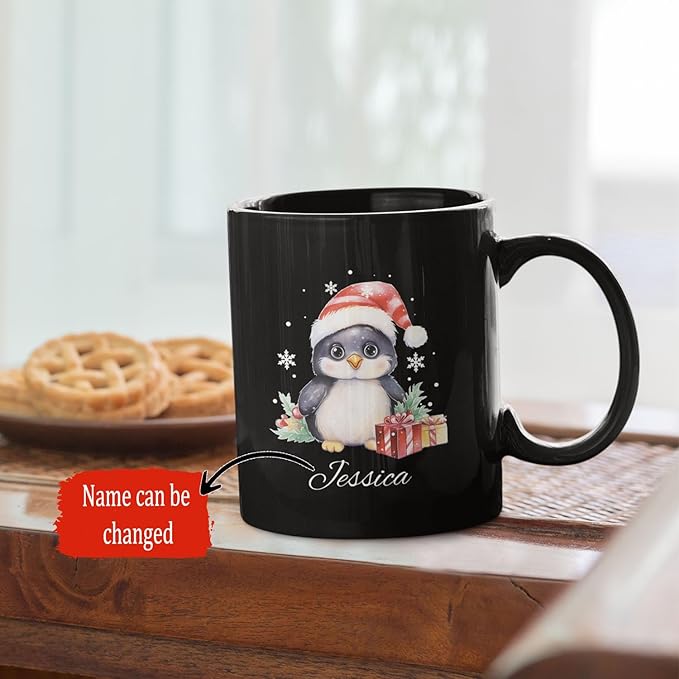 Customized Christmas Themed Black Cup, Personalized Cute Xmas Penguin Mug With Name, Gift For Christmas, Custom Animal Wearing Santa Hat Design Cup, Christmas Animal Coffee Mug 11oz 15oz