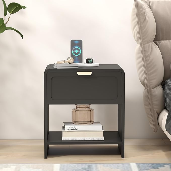 LEVNARY Nightstand Set of 2, Mid-Century Modern Bedside Table with Charging Station and Curved Top Corners, Wooden End Table for Farmhouse Bedroom Living Room (2, Black)