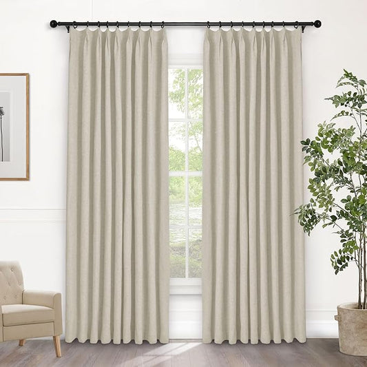 Macochico 100% Blackout Pinch Pleated Linen Curtains Thermal Window Treatments Sound Reducing Curtains for Bedroom Living Room Ivory White Farmhouse Burlap Drapes with Tieback 52”Wx63”L 1 Panel