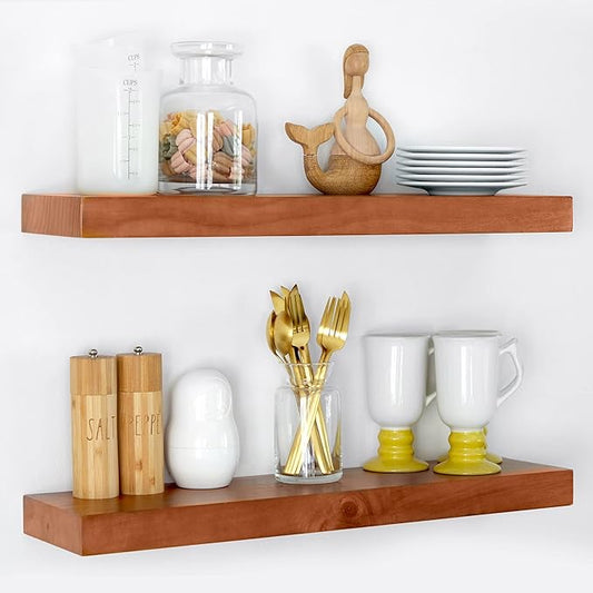 Homeforia 24inch Oak Floating Shelf for Wall, High End Solid Real Wood 24 inches Long Floating Shelves for Bathroom, Honey Oak Wooden Floating Shelves, Heavy Duty Bracket, 24 X 6.5 X 1.75 in, Set of 3
