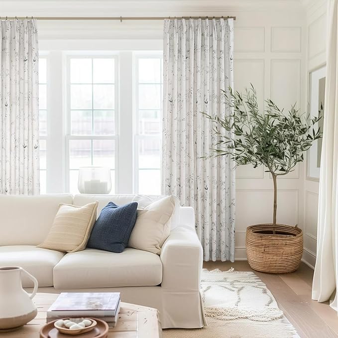 Pinch Pleated Floral Linen Curtains, 72 Inch Wide by 102 Inch Long Printed Curtains for Privacy Light Filtering, Suitable for Living Rooms and Sunrooms.2 Panels