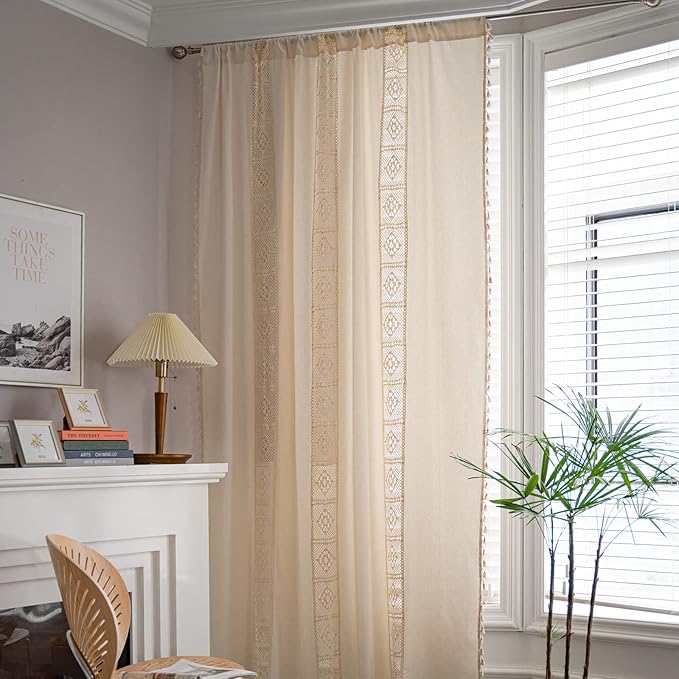 Sutuo Home Boho Curtains Crochet Lace Patchwork Semi-Blackout Bohemian Handmade Tassels, Rod Pocket Window Treatment Vintage Rustic Farmhouse Drapes for Living Bedroom, 1 Panel 59" W x 84" L, Beige