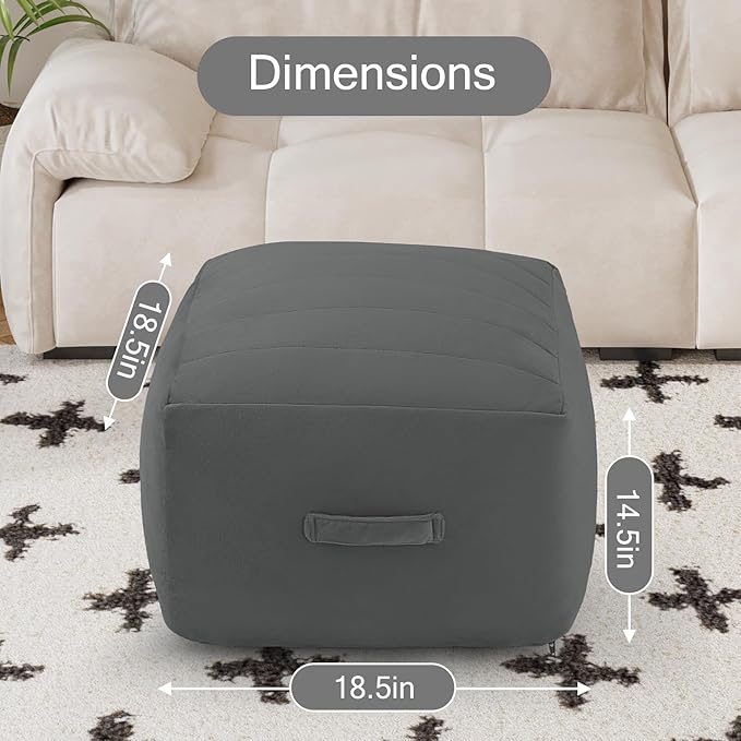 MeMoreCool Square Stuffed Pouf Ottoman Foot Rest, Floor Pouf Foot Stool with Foam Chunk Filling, Soft Stuffed Ottoman Footrest for Living Room, Dark Grey