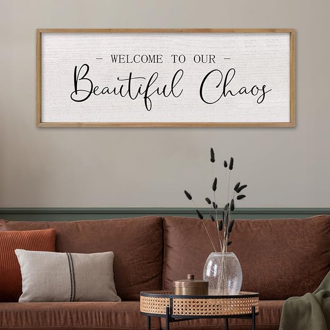 comurdyo Welcome To Our Beautiful Chaos Wall Decor Art 40"X15" for Home Entryway Sign Large Wood Framed Wall Hanging (Wood)