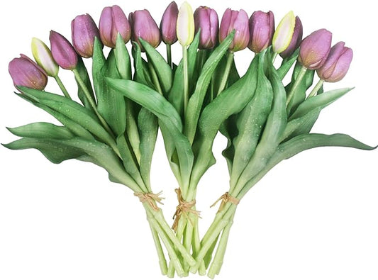 15pcs Artificial Tulips Flowers, Fake Tulips Real Touch, Faux Latex Bouquets, for Party Wedding Home Room Decoration (Purple)