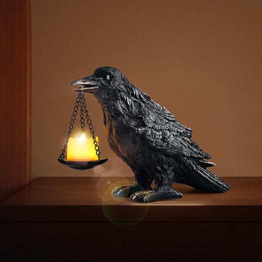 Raven Gothic Home Decor Fake Crow Light Holder Raven Lamp Tealight Candle Holder Resin Raven Statue Wearing Silver
