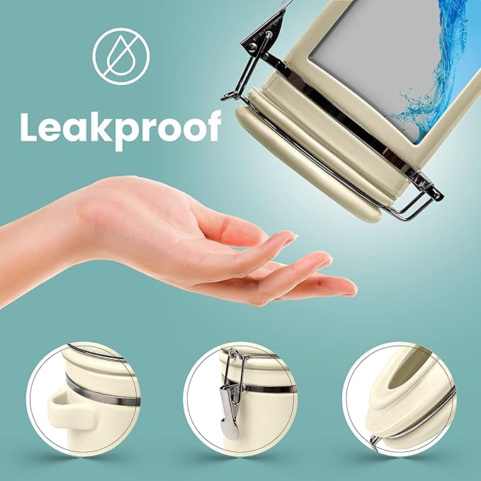 Home Intuition 4-Piece Ceramic Kitchen Canisters Set, Airtight Containers with Wooden Spoons Reusable Chalk Labels and Marker for Sugar, Coffee, Flour, Tea (Off White)