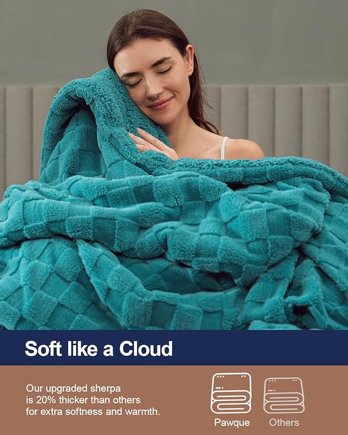 Pawque Super Soft Cozy Throw Blanket for Couch Bed - Fluffy Sherpa Fleece Reversible Thick Warm Fuzzy Blanket for All-Season, 3D Checkered Jacquard Elegant Decorative Blankets, Teal Green, 50" x 60"