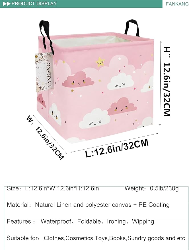FANKANG Square Nursery Hamper Storage Bins Canvas Laundry Basket Foldable with Waterproof PE Coating Storage Baskets Gift Baskets for Children, Office, Bedroom, Clothes（Square-pink cloud ）