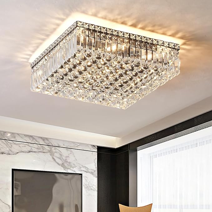 12-Lights Black Crystal Flush Mount Ceiling Light Fixtures,Elegant Crystal Chandelier Pendant Ceiling Lamp for Bedroom,Living Room,Dining Room,Hallway H5.9 x W20 x L20 (Bulb Not Included)Square